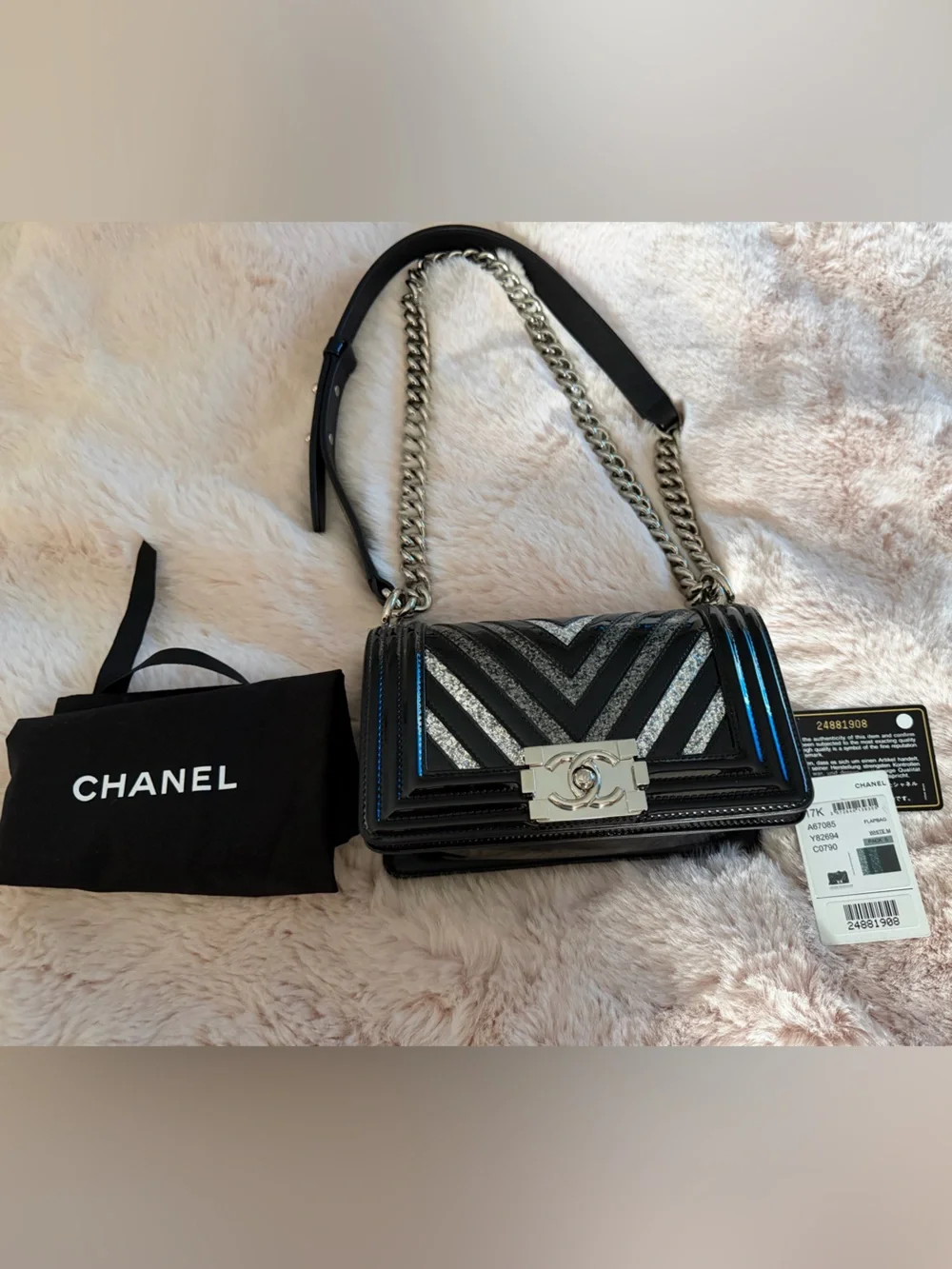 CHANEL Black & Silver Chevron Patent Glitter PVC Small Boy Bag Silver HDW